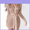 Women Hollow Out Sexy Long Belt Dress Jacket With Knitted Sleeves Elegant Lingerie Robe