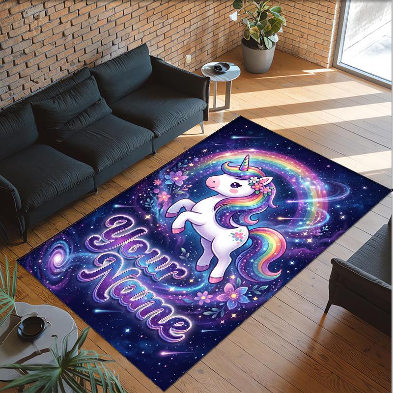 Alfombra de Suelo de Terciopelo de Cristal con Temática de Unicornio, Alfombra Cálida Personalizada con Nombre y Texto, Decoración del Hogar