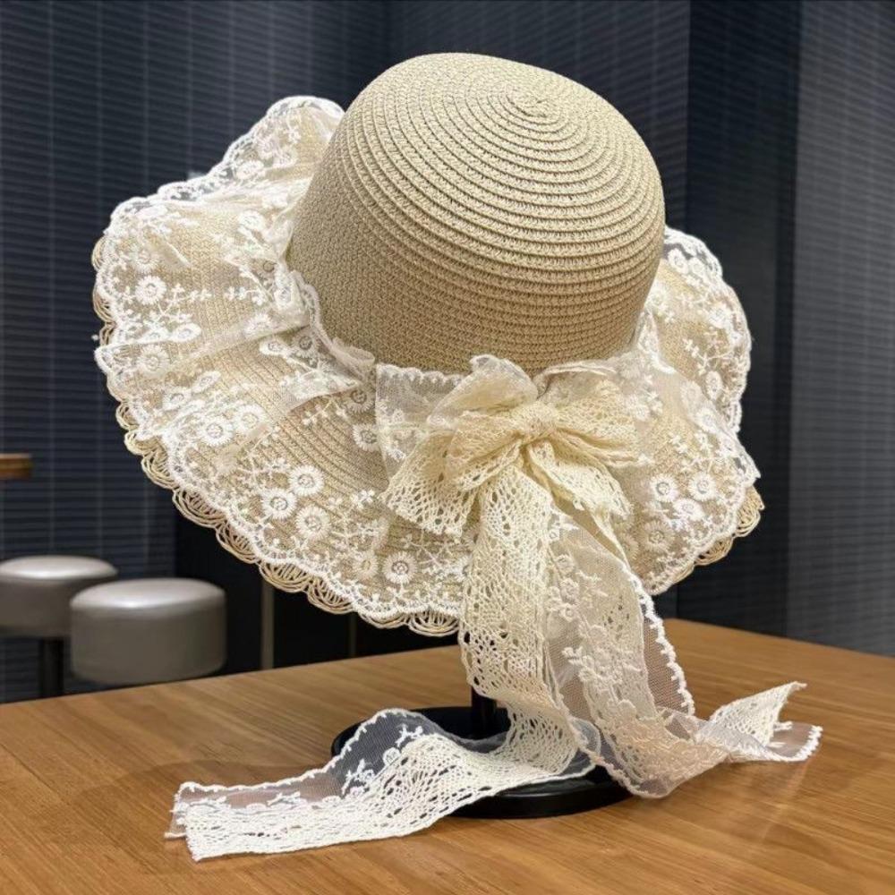 Fashion Lace Bow Sun Hat Adjustable Lace Ruffle Wide Brim Hat Breathable Straw Fisherman Cap Sun Protection