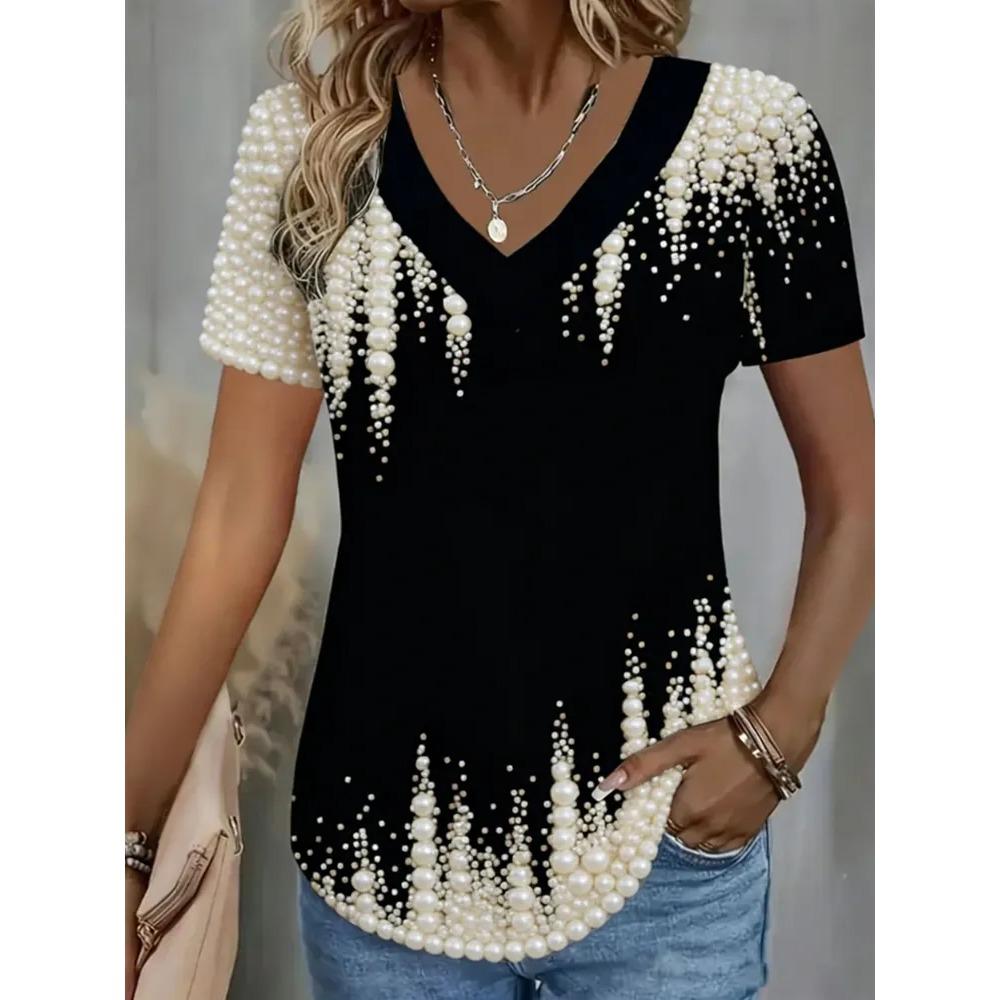 Creative Colorful Pattern Summer Soft Fashionable Comfortable Women's T-Shirts Casual Breathable Loose V-Neck Short-Sleeve T-Shirt