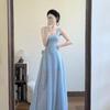 Elegantes Damen Strandkleid in Französisch Blau mit Spaghettiträgern und quadratischem Ausschnitt