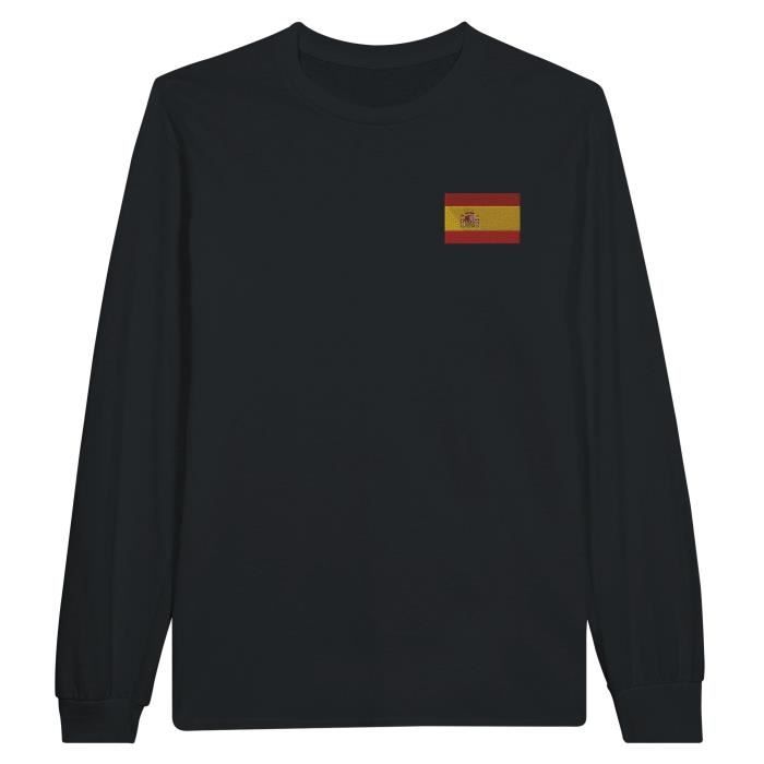 T-shirt à manches longues Drapeau de l'Espagne en broderie en Noir