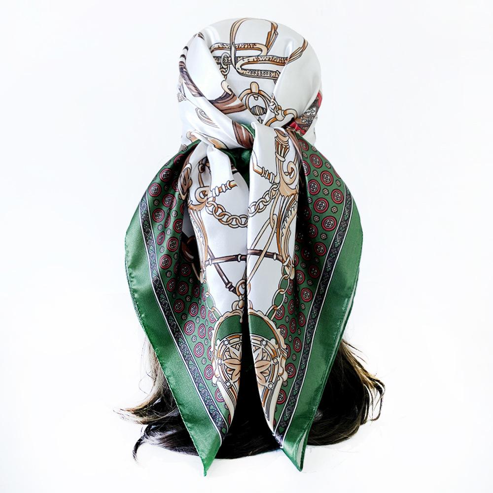 Women's Satin Artificial Silk Square Scarf Shawl Classic Chain Printing Silk Scarf 90cm Headscarf