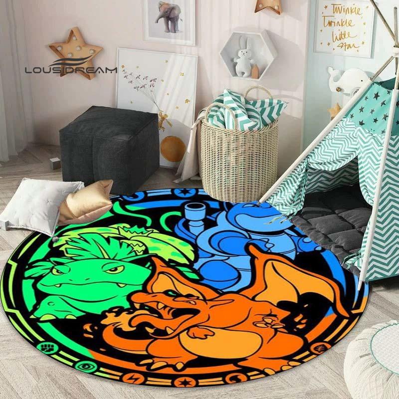 Tappeto rotondo carino dei cartoni animati Pokémon, tappeto per camera da letto e soggiorno, tappetino per sedia girevole per stanza dei bambini e sala giochi, tappetino per divano per il tempo libero Q0