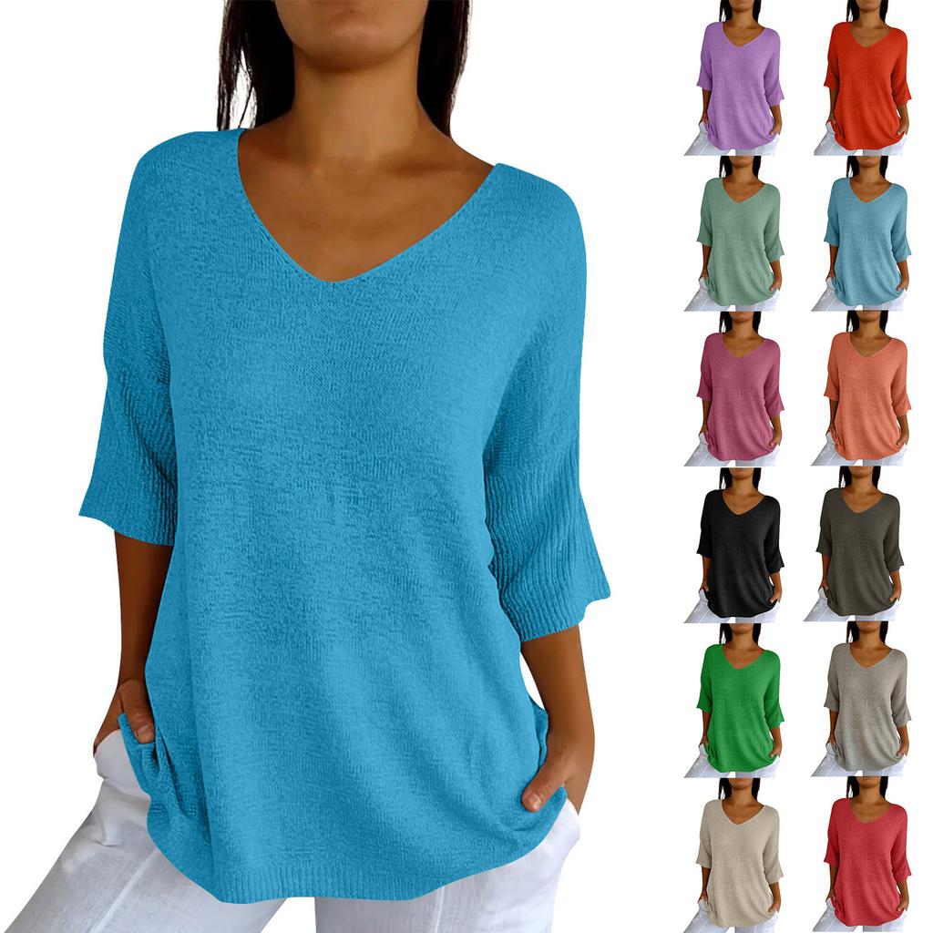 Dámský tenký svetr košile s výstřihem do V, volný top se sedmi rukávy