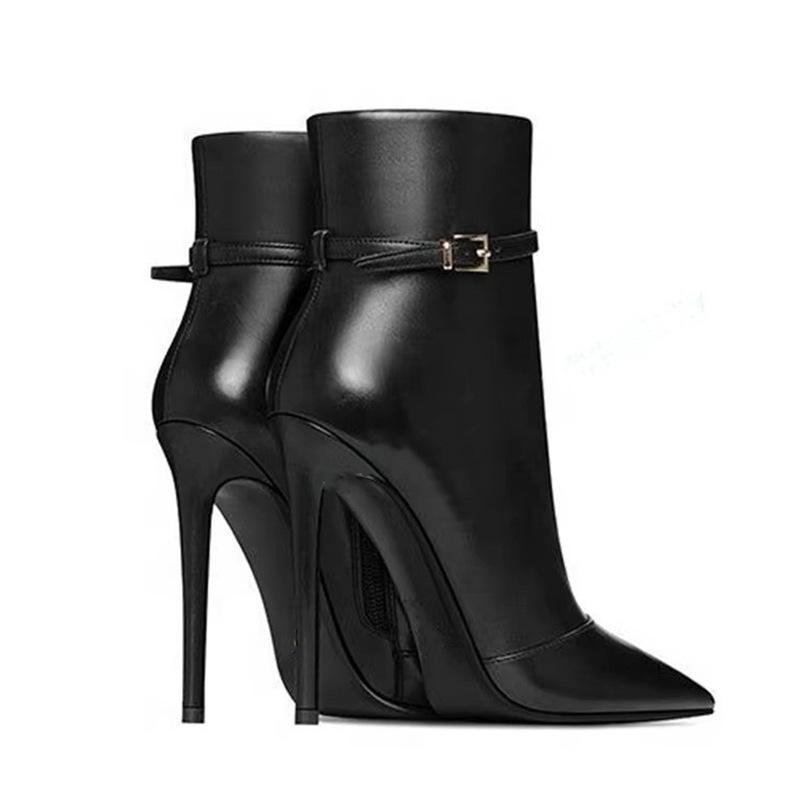 New Pointed Stiletto Extra-High Heel, Side-Opening Zipper Metal Fastener, Runway Plus-Size Women'S Boots, Ankle Boots