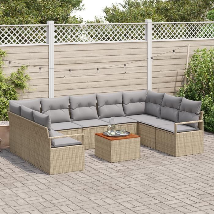 Ensemble de Canapés de Jardin vidaXL de 10 Pièces avec Coussins Beige Poly Rattan Acacia, Canapé de Jardin 2 Places vidaXL 3356418