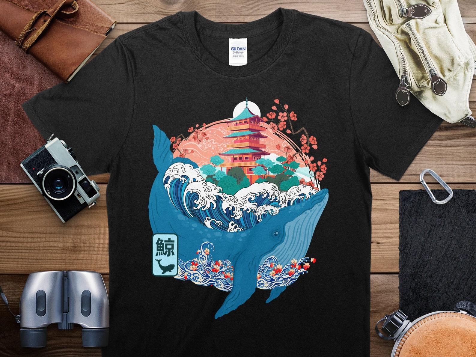 Japanese Wave Whale T-Shirt, Asian-Inspired Ocean Art Tee, Unisex Graphic Shirt, Cultural Apparel, Pagoda Floral Design Top M