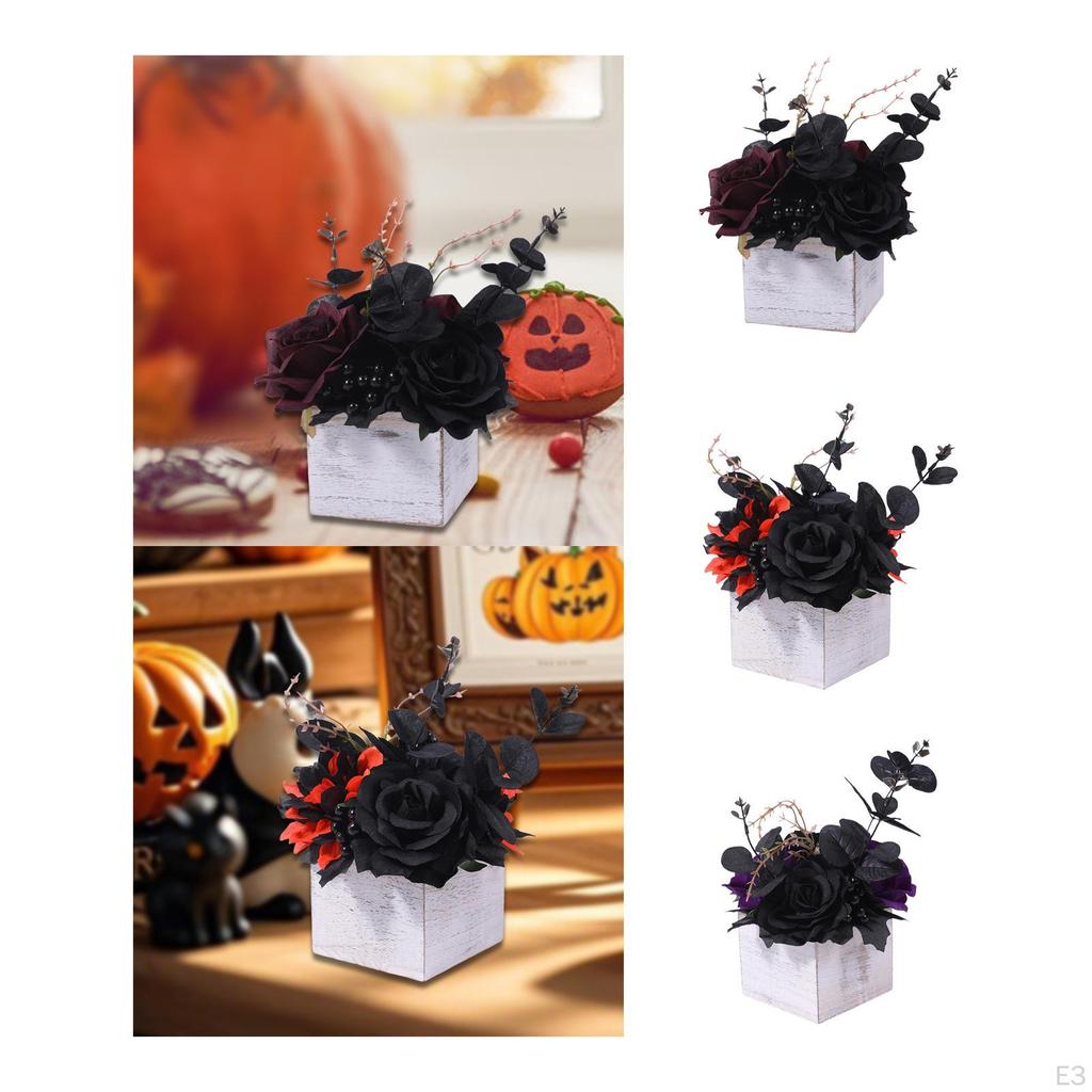 Halloween Artificial Flowers Arrangement in Wooden Box Boxed Faux Desktop Ornament for