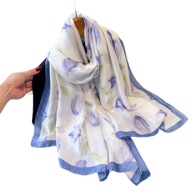 Fresh Flower Simulation Silk New Silk Satin Fashion Sunscreen Spring And Summer Style Silk Scarf Long Scarf Shawl Versatile Headscarf Scarf