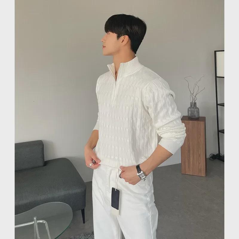 Men's High-End White Half-Turtleneck Zipper Knit Pullover Sweater, Fashionable and Versatile Long-Sleeved Jacket