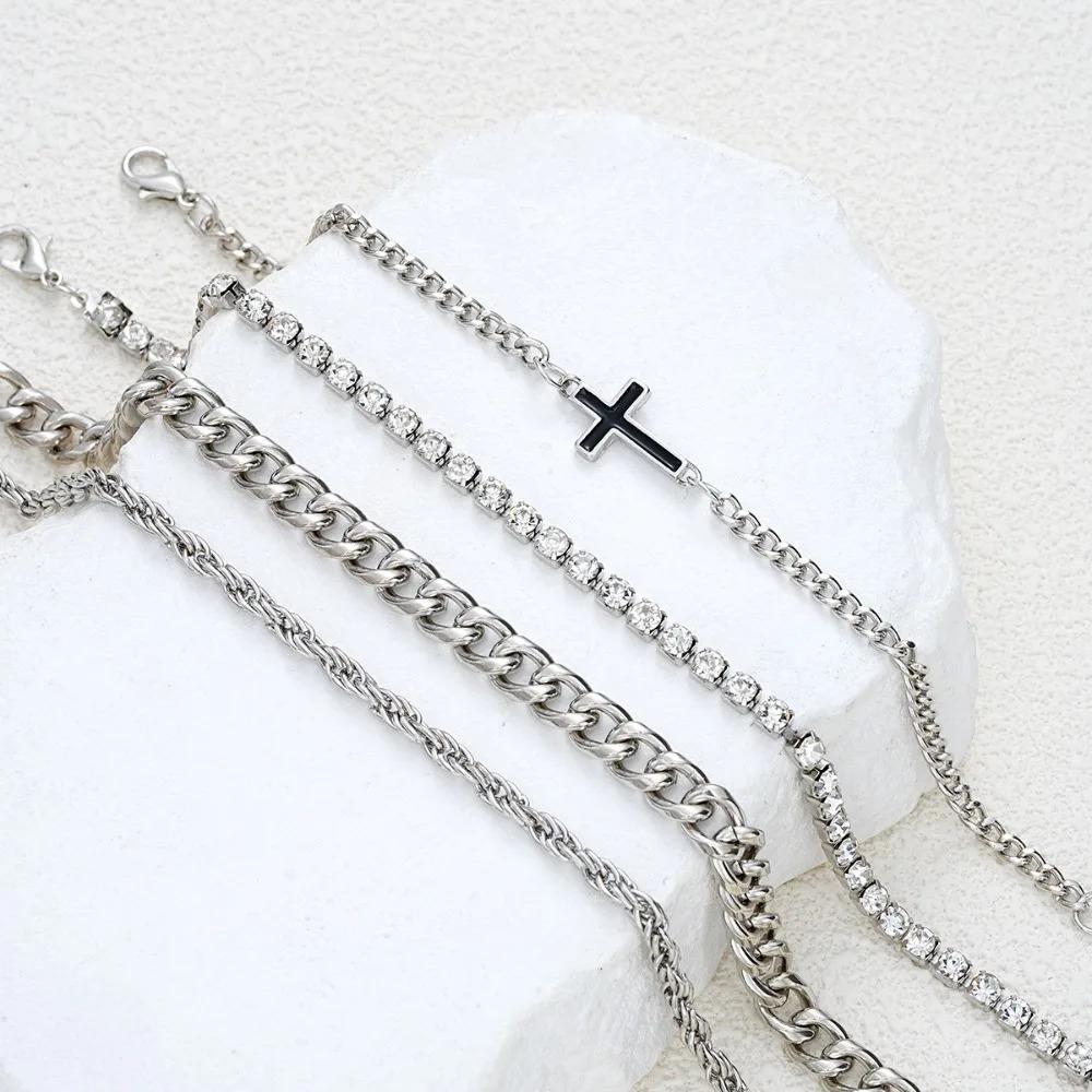 Stainless Steel Cross Cuban Bracelets for Men Women Punk Silver Color Crystal Twist Chain Bracelet Daily Wear Fashion