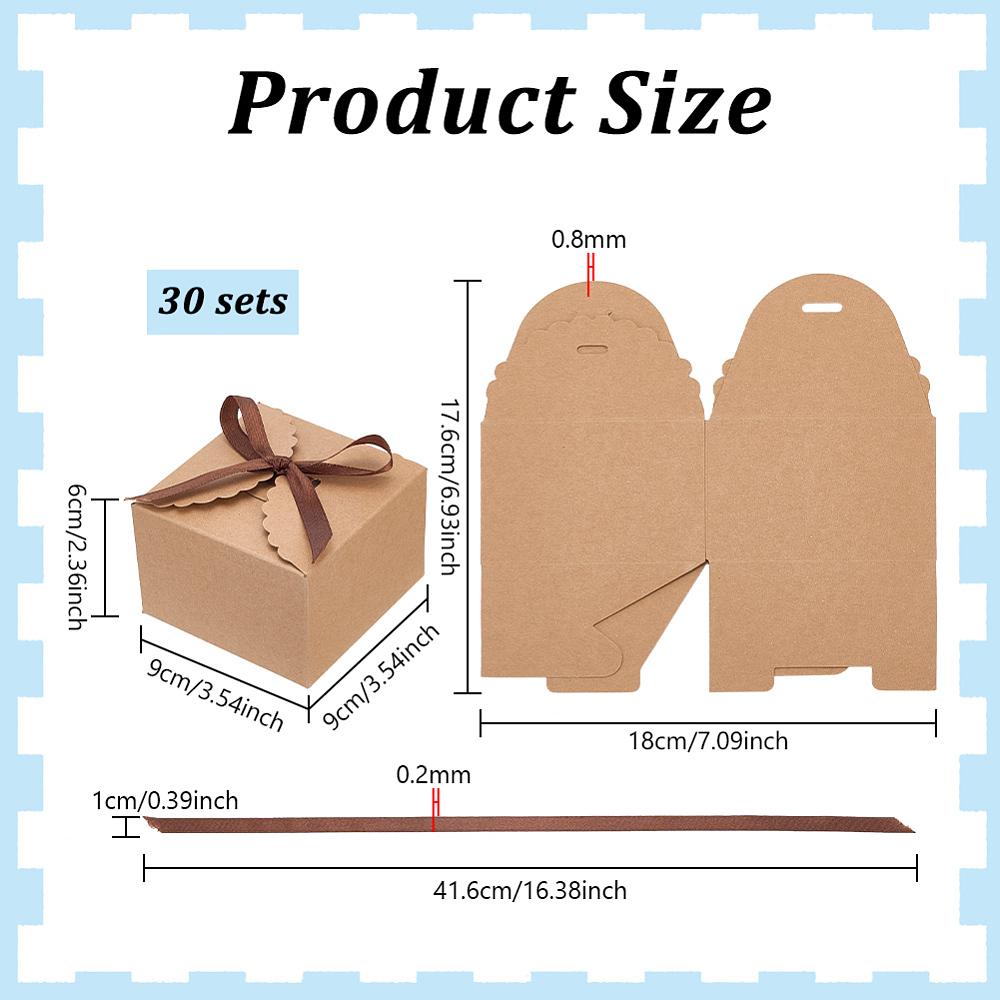 30sets Folding Paper Gift Packing Boxes with Polyester Ribbon Square BurlyWood 9x9x6cm
