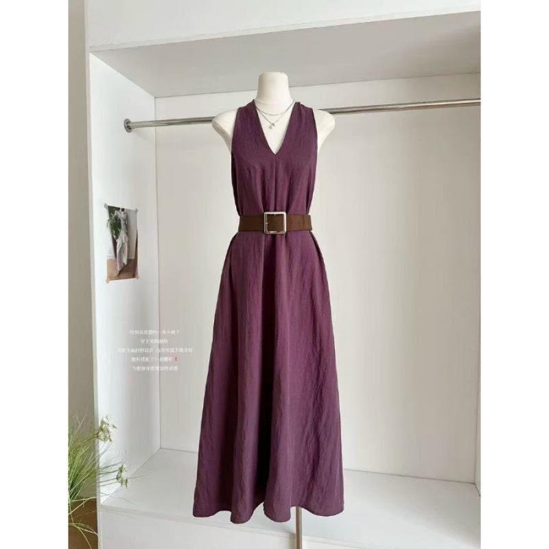 Purple neck halter V-neck dress for women s summer new temperament waist and thin A-shaped long skirt S