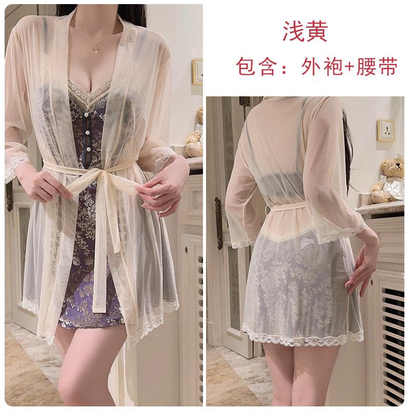 Hot backless women's pajamas deep V plus chest pad sweet mesh sexy velvet pajamas robe set C