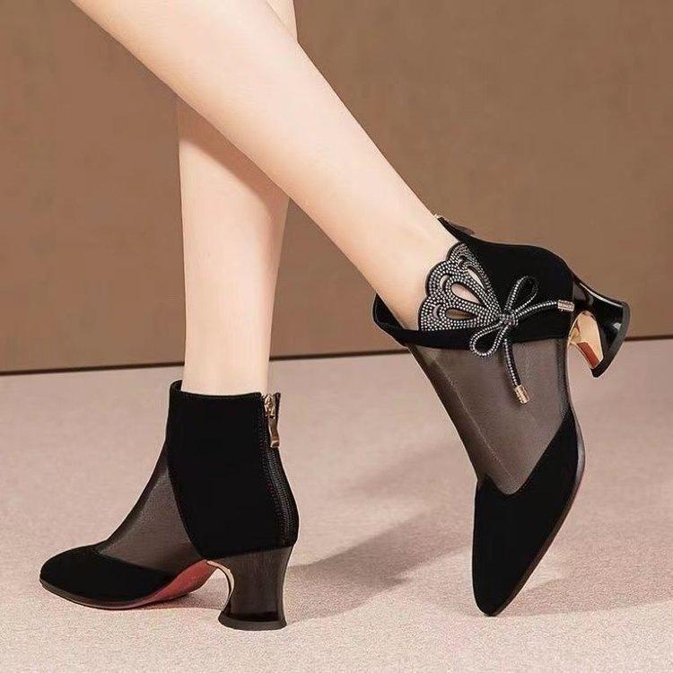 Baotou High-heeled Cool Boots Women's Thick-heeled Mesh Hollowed-out Sandals Women's Summer New Fashion Rhinestone Bow Versatile Net Boots