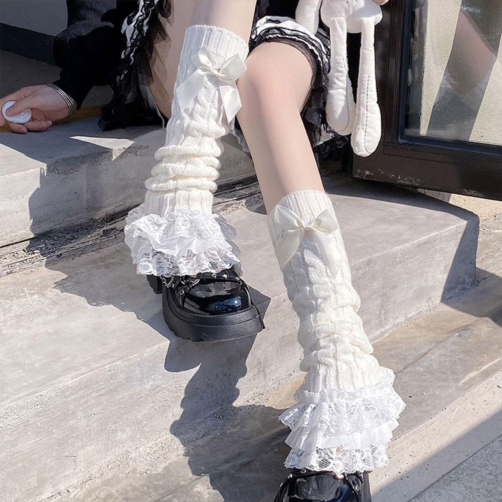 1pc Bow Lace Mid-tube Socks Lolita Winter Leg Cover Japanese Socks For Women's Warm Style Lace Q8Z6