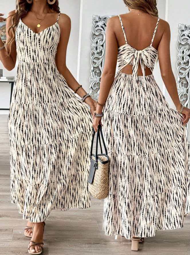 2026 Amazon summer new bohemian vacation style print dress suspender dress S