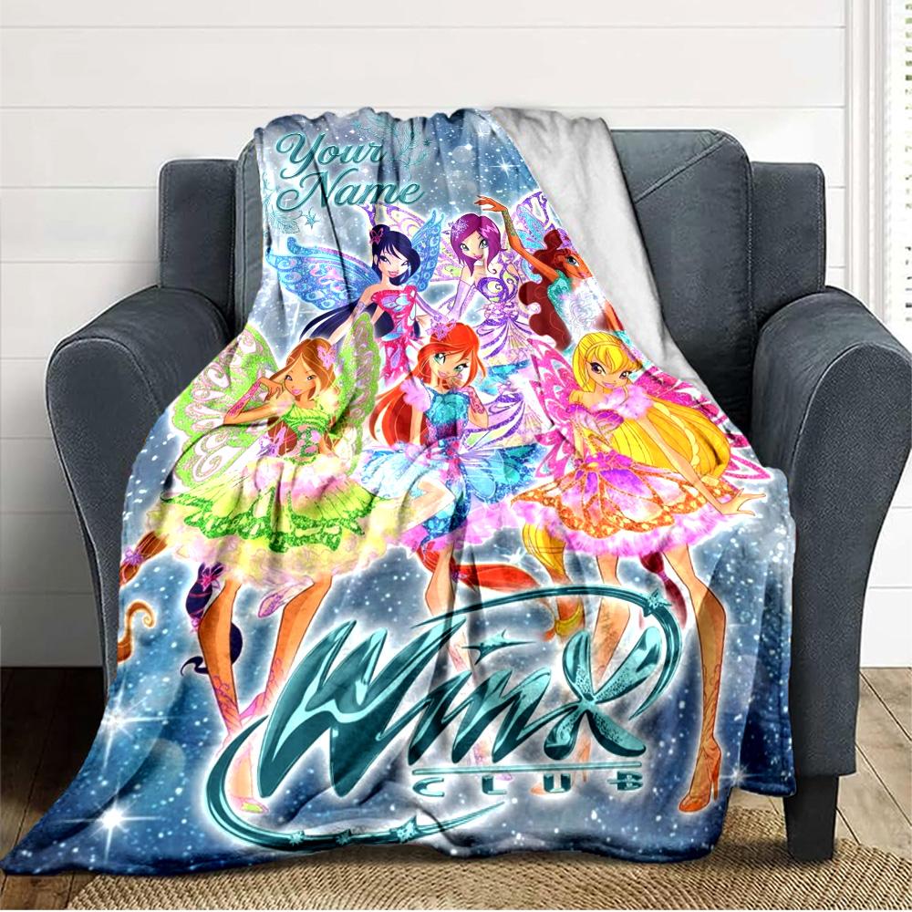 Name Custom Winx Club Cartoon Print Flannel Blanket High Quality Warm Comfortable Cover for All Seasons Perfect for Gifts Home Decor
