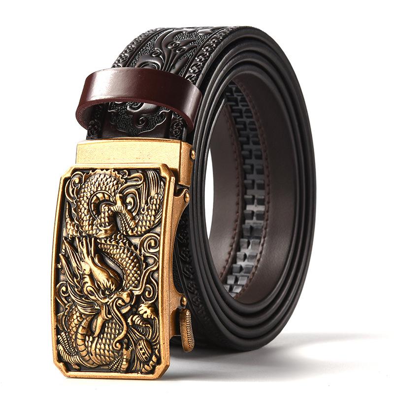 Men's Retro Dragon Head Genuine Leather Belt with Carved Embossed Design
