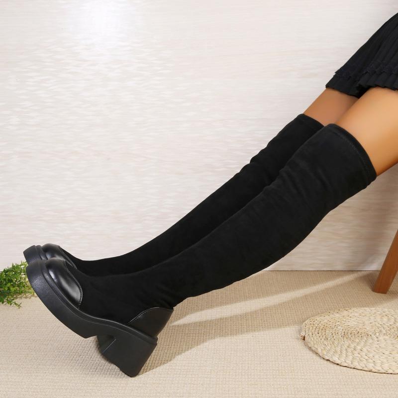 Over The Knee Thigh Boots Autumn New Round Toe Spliced Suede Platform Non-Slip Wear-Resistant Block Heel Skinny Boots
