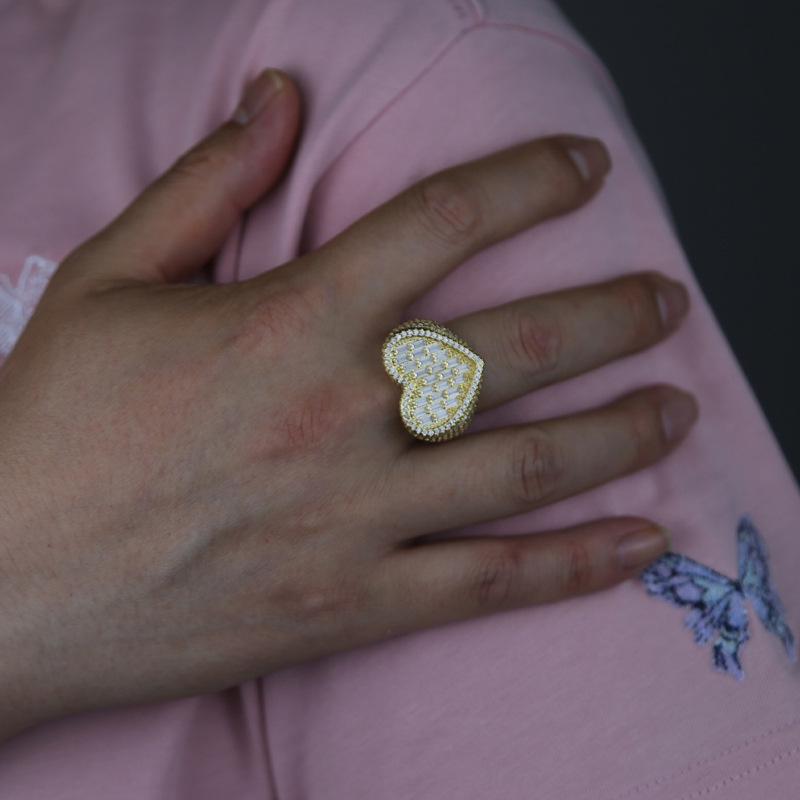 Unisex Exaggerated Full Diamond Heart Ring with Zircon - Trendy Hip Hop Style