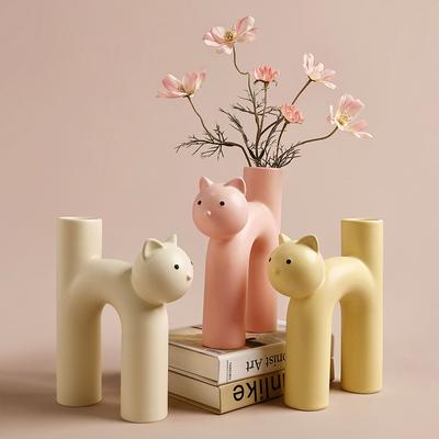 Cute Cat Art Vase Desktop Ornaments Ceramic Hydroponic Vase Flower Arrangement Home Decor Garden Decoration