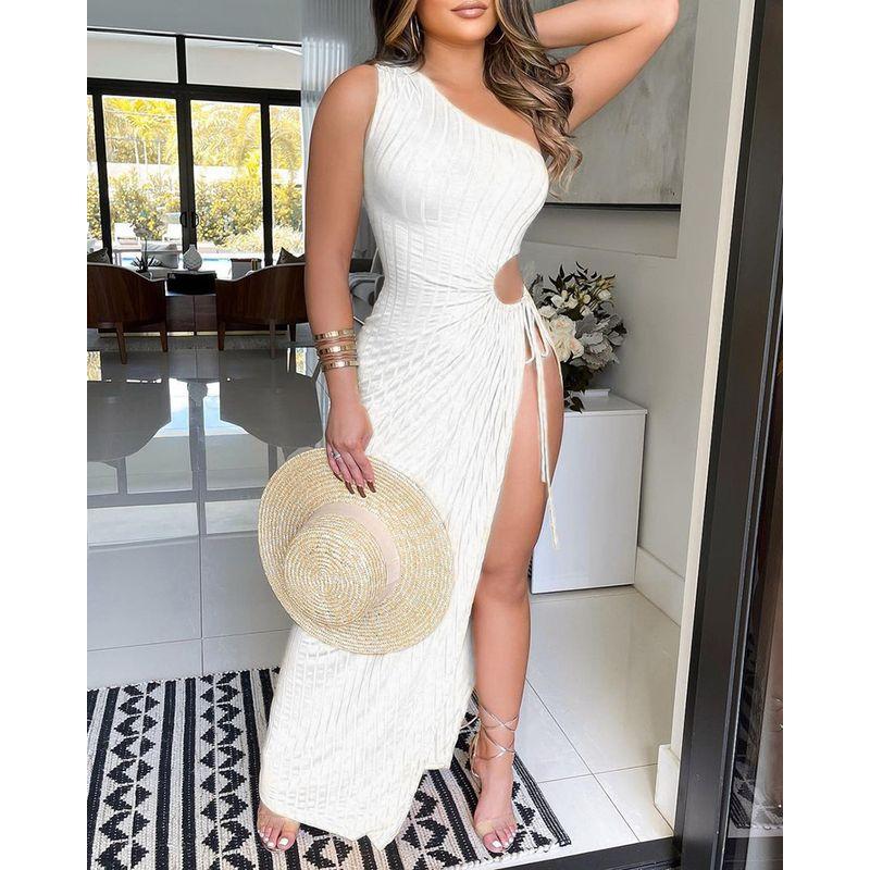 

Women Sexy Drawstring Dress Women clothes Sunken Stripe Drawstring Slit Dress White S