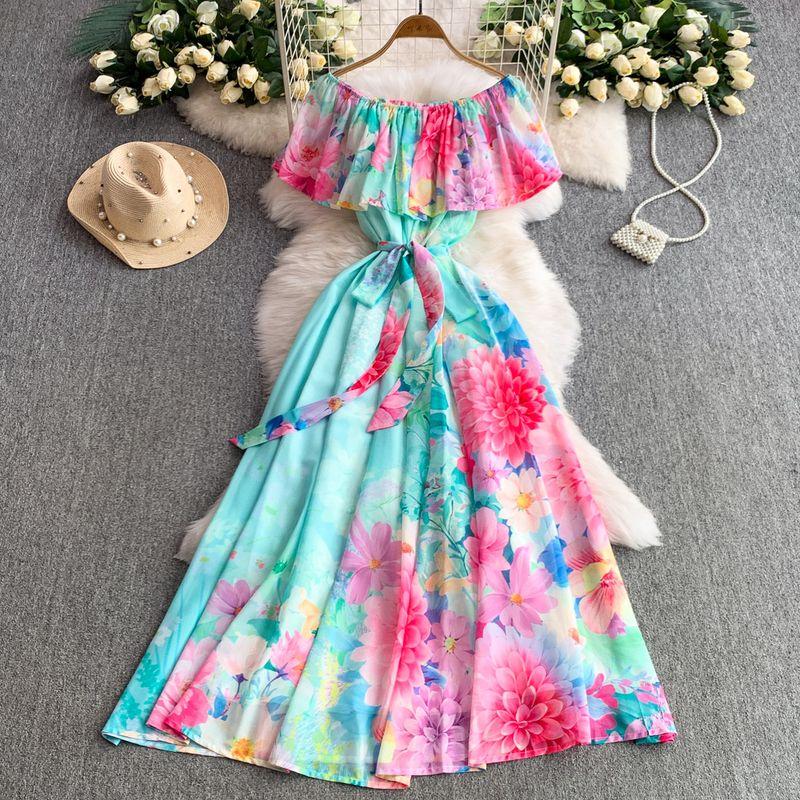 

Super Nice Unique Beautiful Print Frill off-Shoulder Dress Women Summer Vacation Waist Hugging Slimming Big Hemline Long dress Pink XL