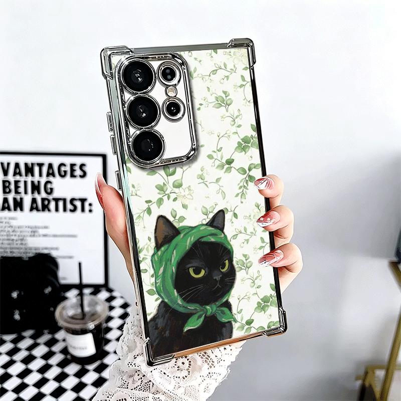 Cute Floral Headscarf Kitten Plating Phone Case For Samsung Galaxy S24 S25 FE S26 Edge S23 Ultra S22 S21 Plus S20 Anti-Fall Aira