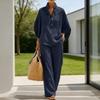 Completo da Donna in Lino a Due Pezzi con Maniche ad Ala di Pipistrello, Camicia Casual e Pantaloni a Gamba Larga, Outfit per Vacanze Estive, Set da Relax