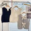Women Knitted Vest Round Neck Sleeveless Crop Tank Back Bow Tie Decor Hollow Back Solid Color Sweater Vest