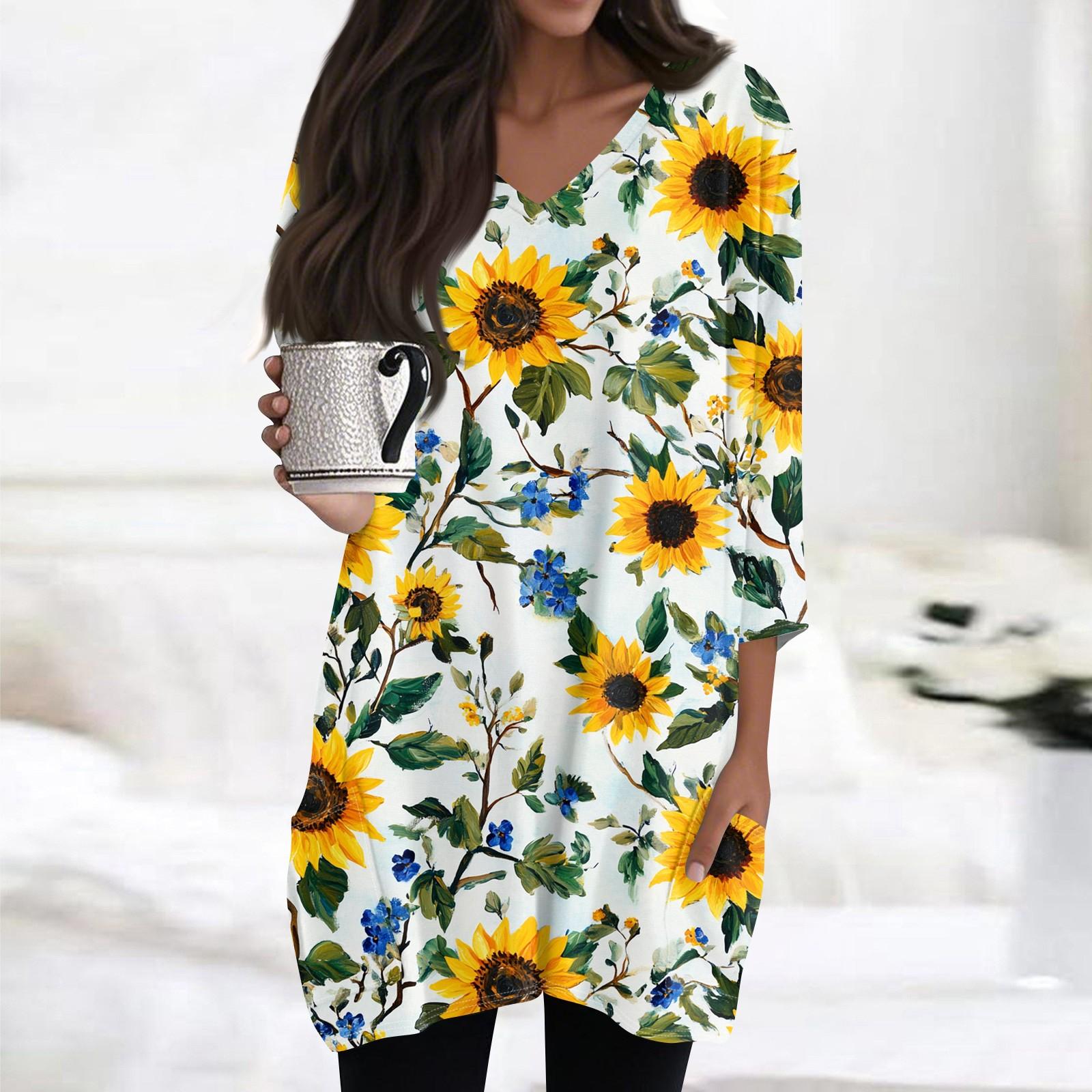 

Женский повседневный топ с V-образным вырезом и рукавом 3/4 с винтажным цветочным принтом XL жёлтый