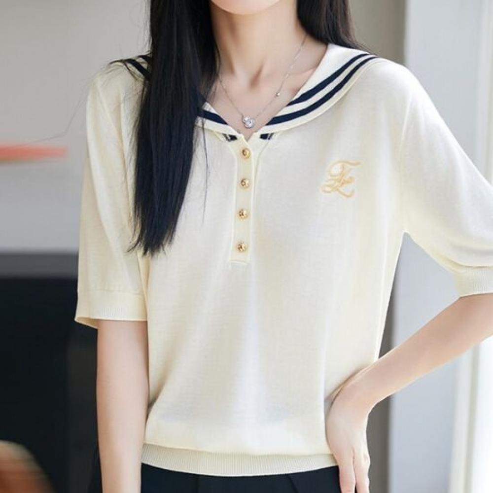 Navava Women Embroidered Button Collar Short Sleeve Knit Tee Nk3708