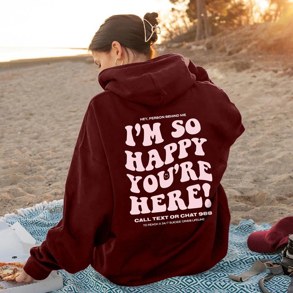 I'M So Happy You'Re Here European And American New Fashion Letter Print Hooded Back Collar Plush Sweater For Women