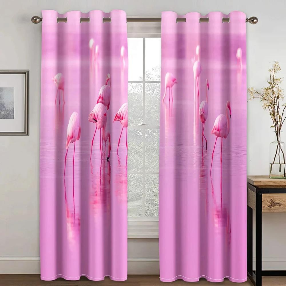 High Quality Flamingo Beach Sea Print Thick Blackout Curtain Pink Animal for Living Room Window High Shading Curtains New Drape