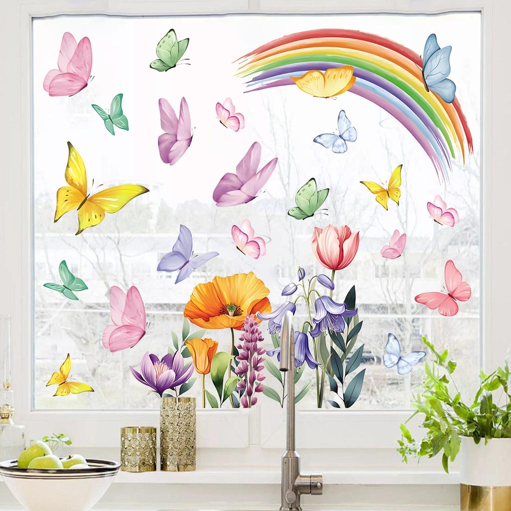 Static Cling Window Stickers Creative Rainbow Flowers and Butterflies for Kitchen Bedroom Living Room Bathroom Glass Decor