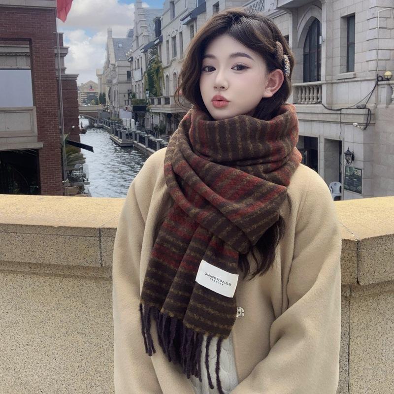 Women Winter Knitted Scarf Headscarf Lady Men Preppy Retro Striped Print Tassel Scarve Male Foulard Wrap Shawl Casual Korean New