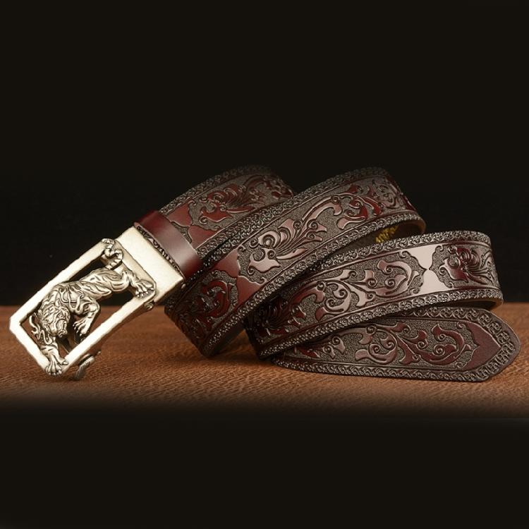 Classical Men Leather Belt with Convenient Automatic Buckle and Carved Beast Buckle Chinese Beast Head