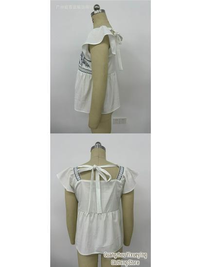 Women's Embroidered Lace-Up Square Neck Ruffle Top with Flutter Sleeves