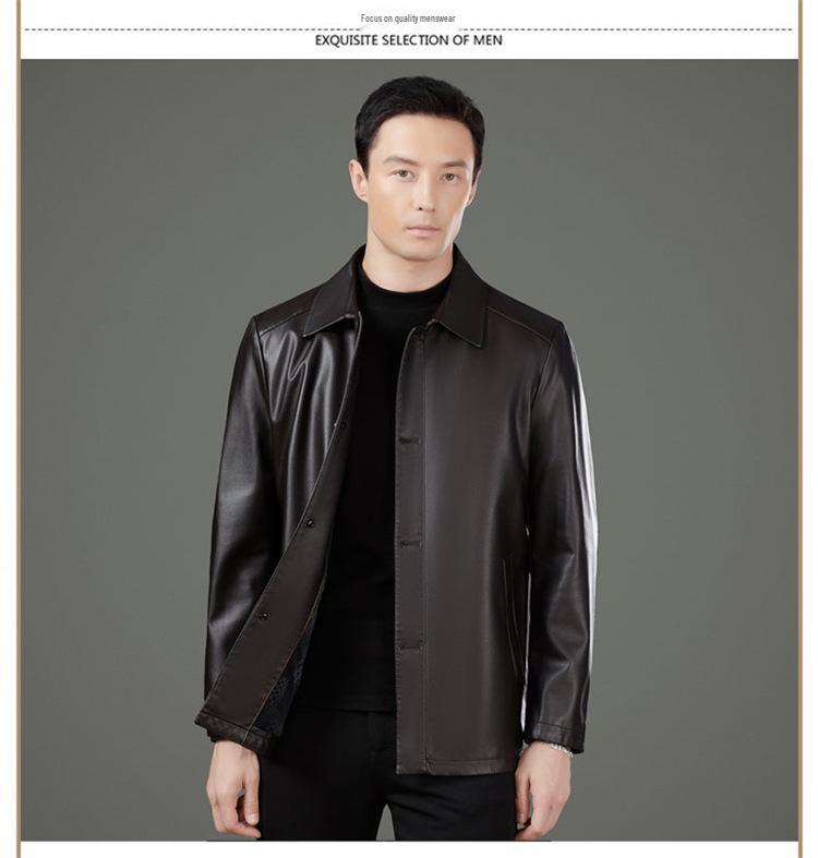 Men's Genuine Sheepskin Lapel Coat - Winter 2025 Single-Breasted Leather Jacket with Plush Lining for Middle-Aged Dads