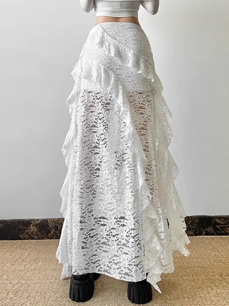 Women's Lace Spliced Skirts Black High Waist Ruffle Irregular Long Skirt Gothic Style Streetwear Summer