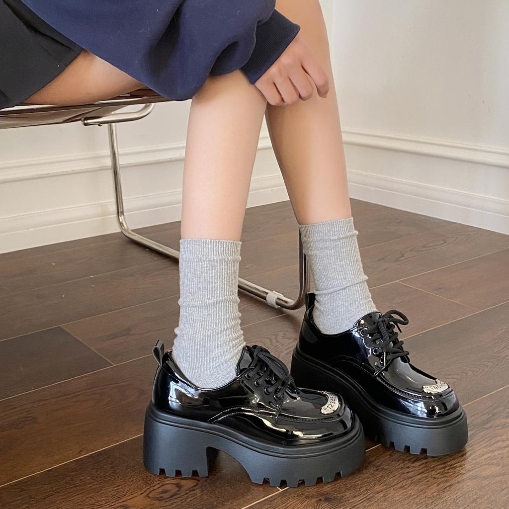 Fashion Shoe Shoes for Women Loafers High Sense Commuting Leather Round Head Shoes Black Thick Soled Casual Leather Shoes