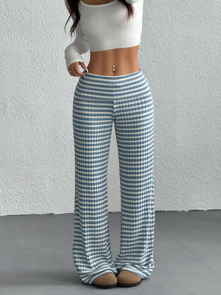Women's Mid Rise Wide Leg Pants Straight Fit Striped Knit Casual Trousers Mid Stretch Fall Daily Flared Lounge Bottom