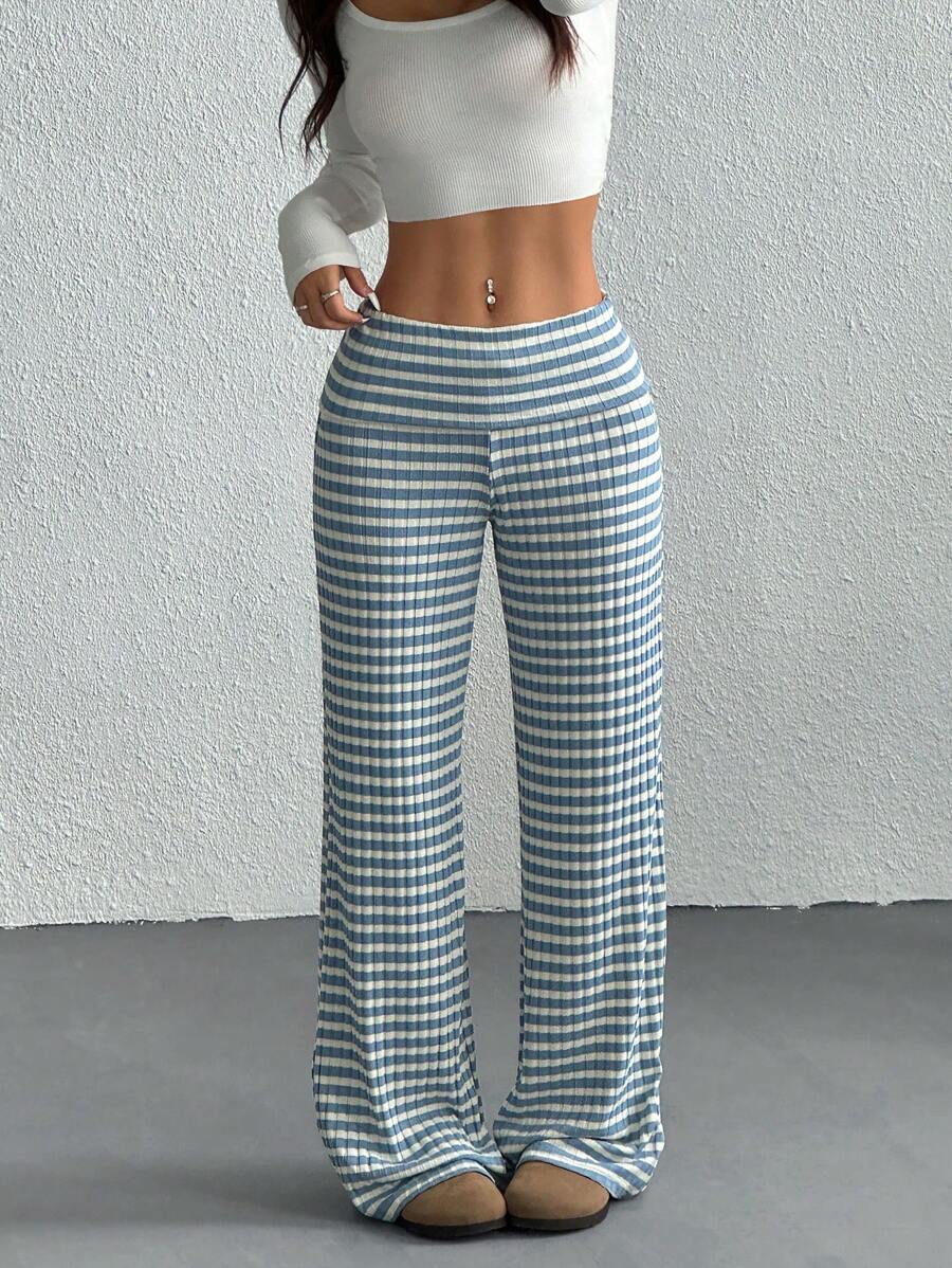 Womens Striped Straight Leg Loose Casual Trousers XS