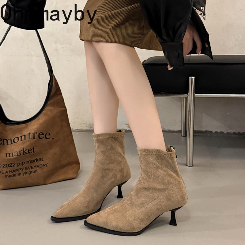 Fashion Pointed Toe Elastic Slim Ankle Boots For Women High Heels Autumn Winter Shoes Ladies Botas Mujes