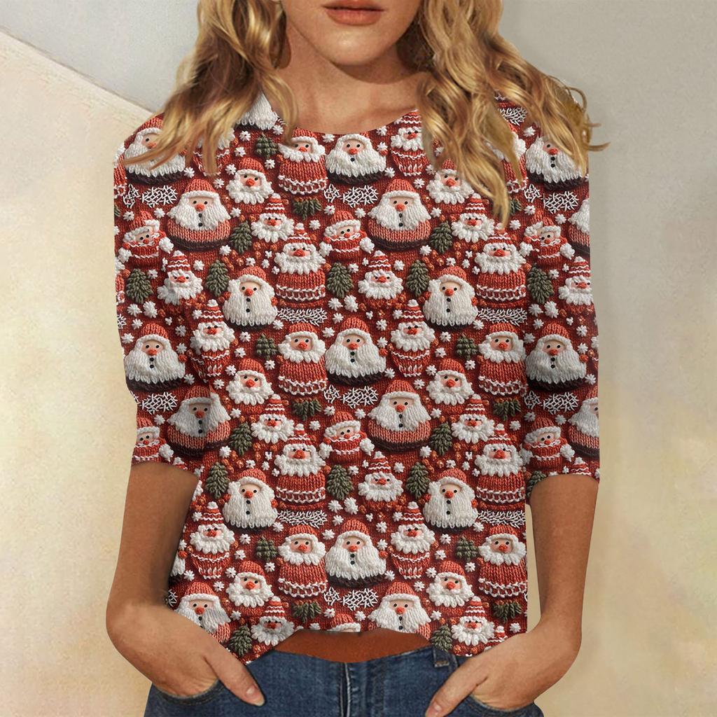 Women's Fashionable Casual Three-Quarter Sleeve Christmas Print Round Neck Top