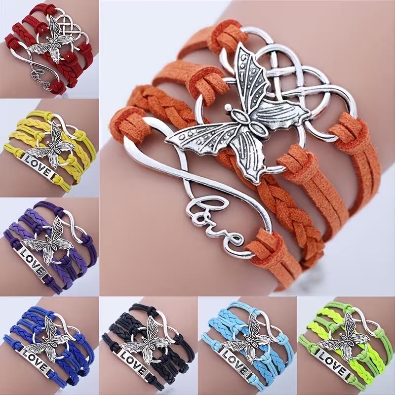 Unisex Retro Multicolor Butterfly Leather Infinity Bracelet
