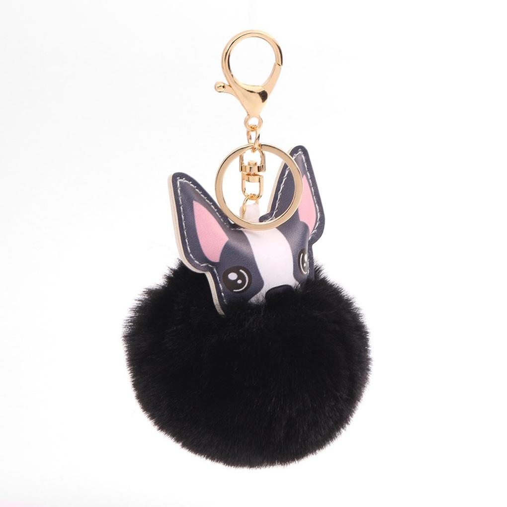 Bulldog Pom Pom Keyring (Black) Bag Decoration Car Perky Ring