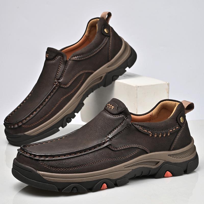 Men's Thick Sole Wear-Resistant Leather Hiking Loafers - Slip-On Casual Shoes
